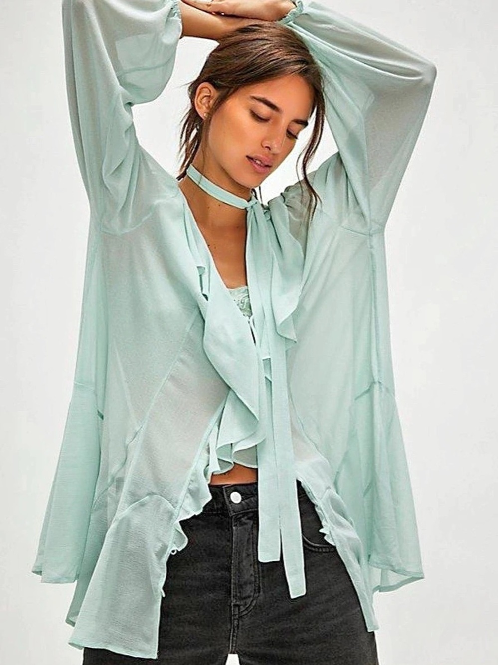 Free People Ruffle Front Blouse in Green